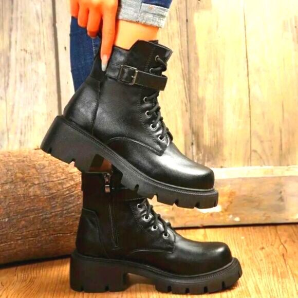 Ladies chunky ankle combat boots - Picture 1 of 8